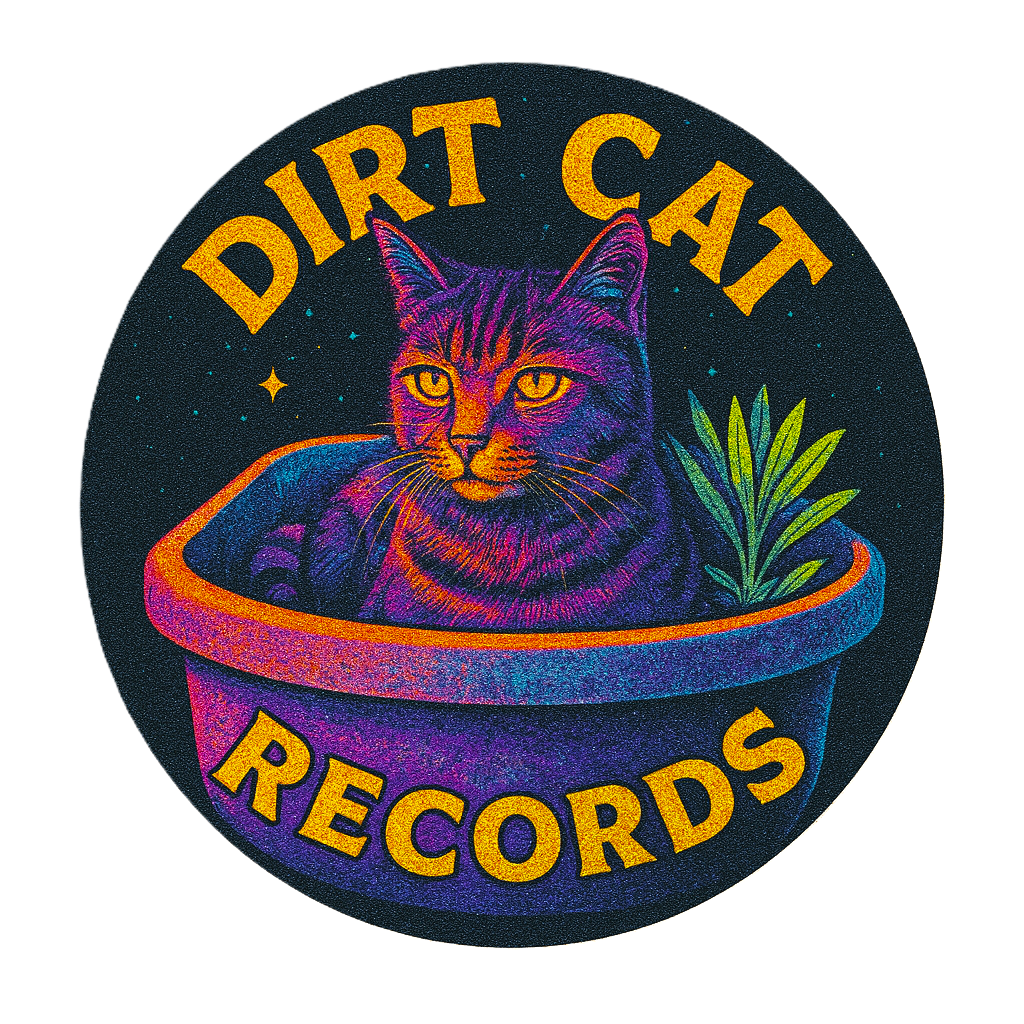 Dirt Cat Records logo in black and white circular psychedelic style
