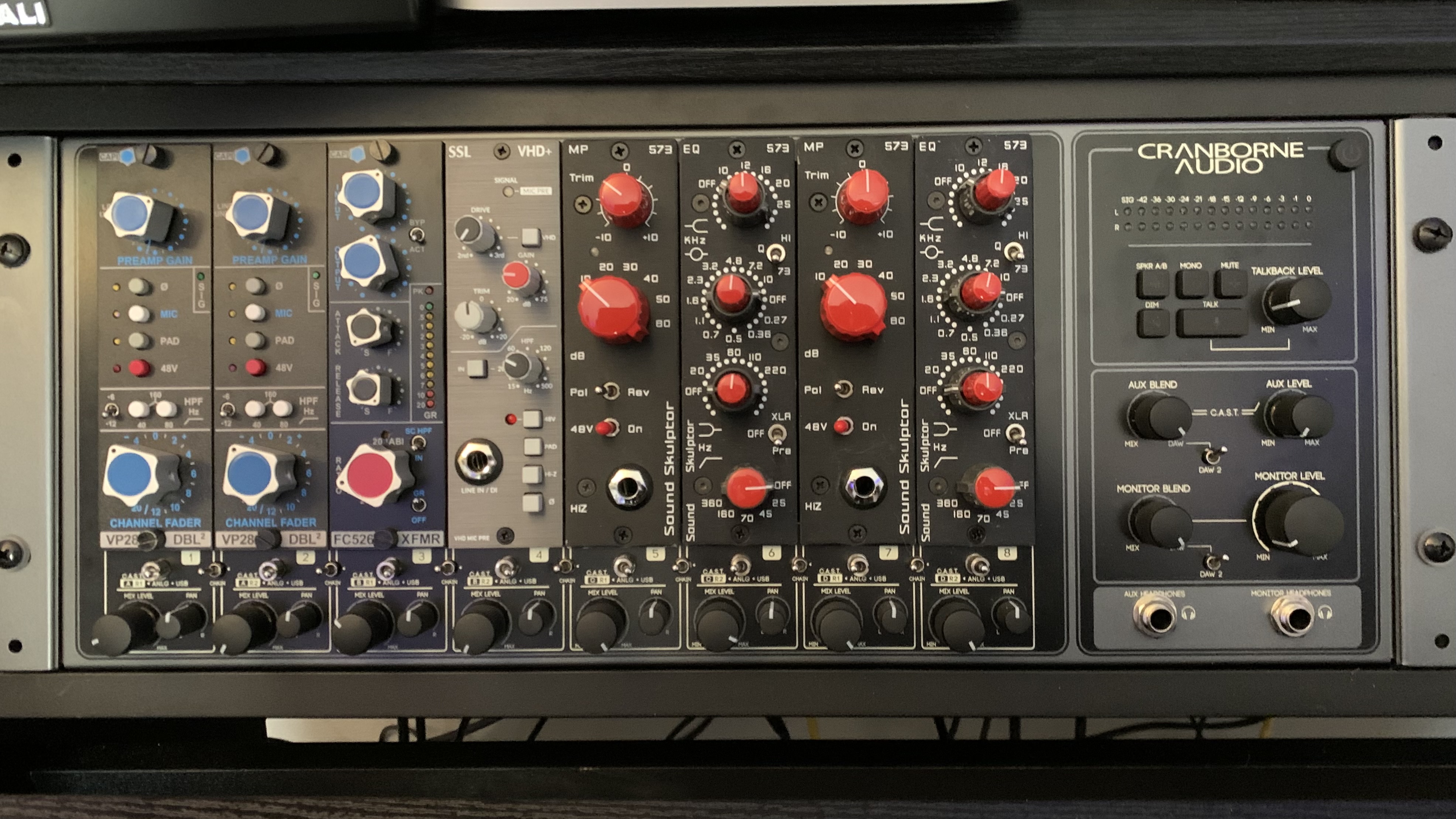 Close-up of vintage analog gear at Dirt Cat Records