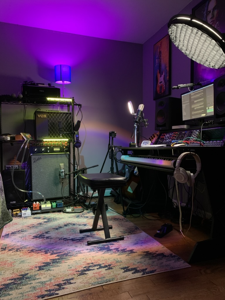The recording room at Dirt Cat Records, with instruments, analog gear and mixing desk